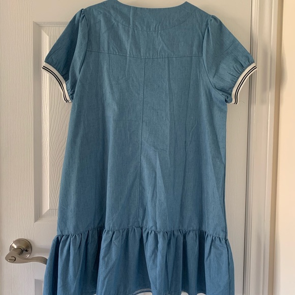 Faux denim drop waist dress w/ embroidered patches - Picture 2 of 4